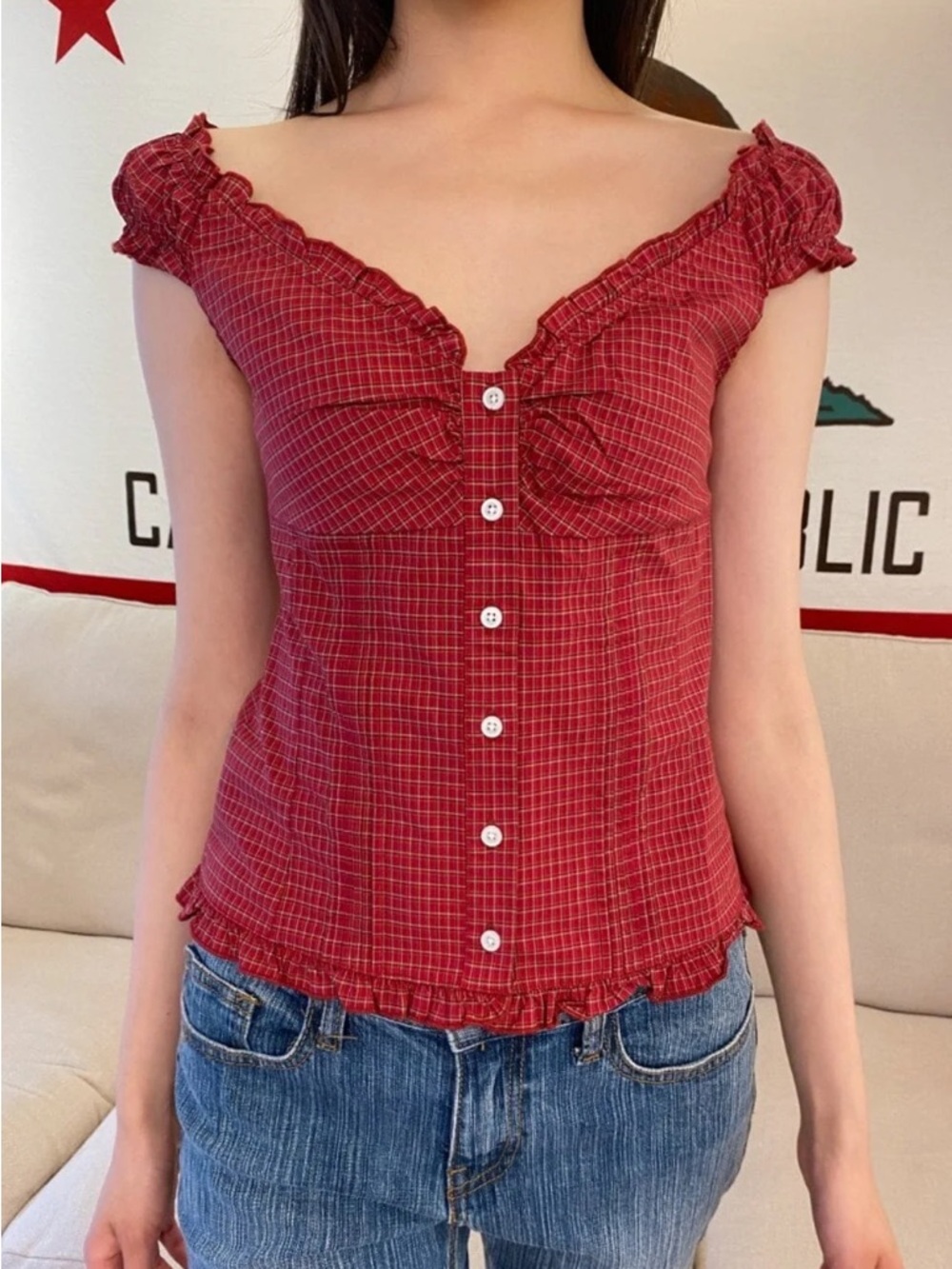 Brandy Melville Women's Burgundy and Red Blouse